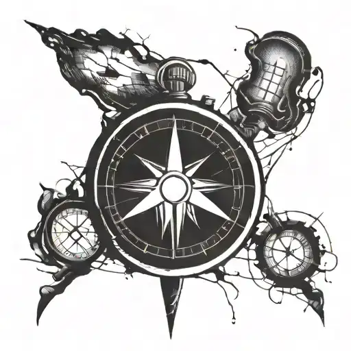 A minimalist blackwork tattoo of a broken compass symbolizing the client's love for travel and exploration despite being broke tattoo design idea