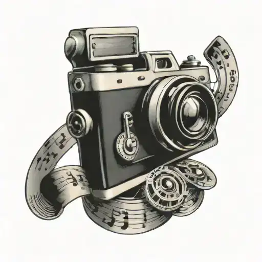 A black-grey tattoo of a vintage camera with film reels shaped like music notes, symbolizing the client's passion for movies and music tattoo design idea