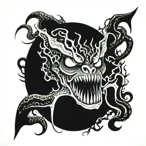 black tattoo on the whole arm with eyes, tentacles, teeth tattoo design idea