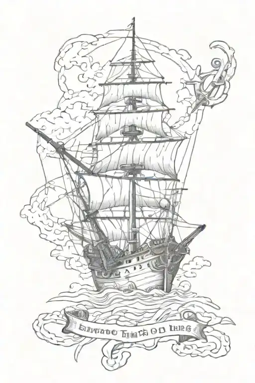 the Sea Venture ship & an anchor with a chain & the text "Beware the Isles of Devils" tattoo design idea