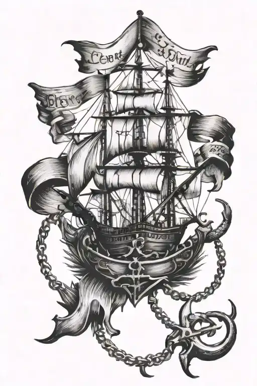 the Sea Venture ship & an anchor with a chain & the text "Beware the Isles of Devils" tattoo design idea