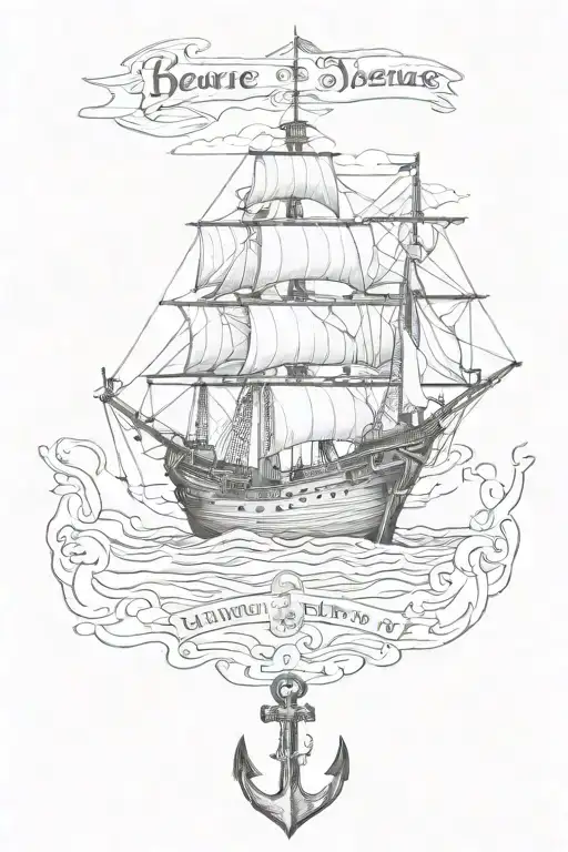 the Sea Venture ship & an anchor with a chain & the text "Beware the Isles of Devils" tattoo design idea