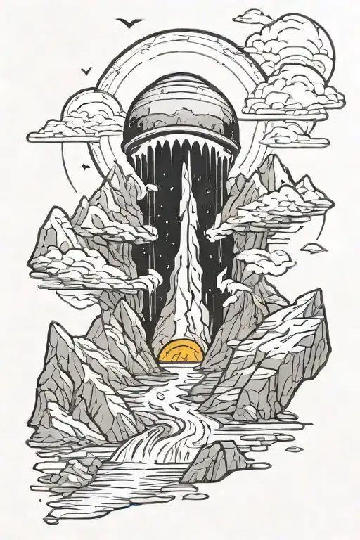 A giant crack with inside Mountains and dinos and an ufo tattoo design idea