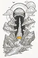 A giant crack with inside Mountains and dinos and an ufo tattoo design idea