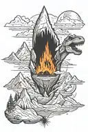 A giant crack with inside Mountains and dinos and an ufo tattoo design idea