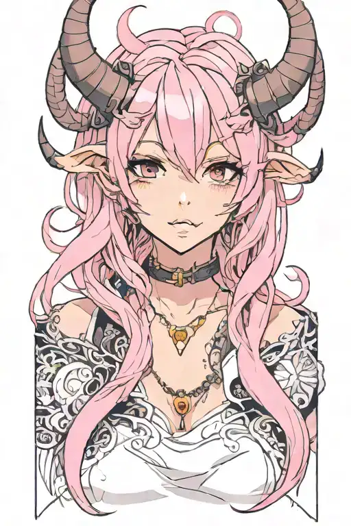 succubus. two small horns grow from the forehead. Pink hair. Long bob hairstyle. Tongue piercing. lustful smile. winks tattoo design idea