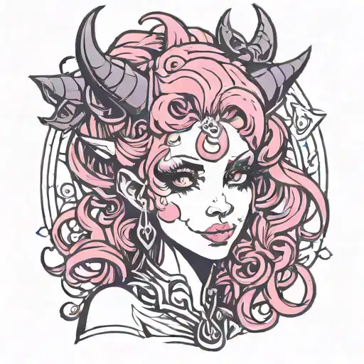 succubus. Pink hair. bob hairstyle. winks. lustful smile. tongue piercing tattoo design idea