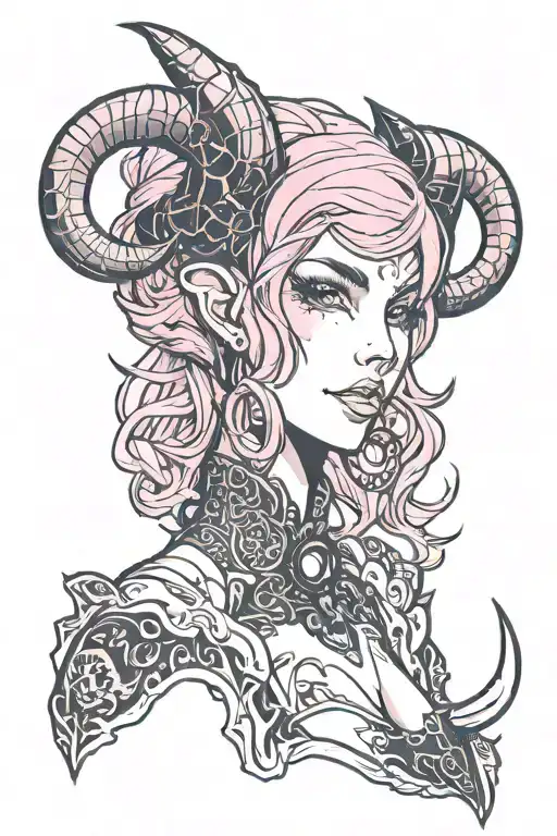 succubus. two small horns grow from the forehead. Pink hair. Long bob hairstyle. Tongue piercing. lustful smile. winks tattoo design idea