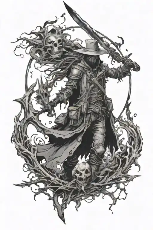 full arm Bloodborne themed. With Maria on inner forearm, doll on outer forearm, moon presence and Gehrman on shoulder tattoo design idea