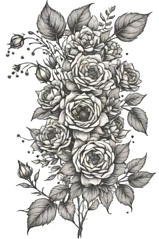 design a tattoo of a field bouquet in which the constellation Ursa Major (only the pan) is subtly placed by the flowers tattoo design idea