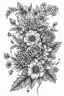 design a tattoo of a field bouquet in which the constellation Ursa Major (only the pan) is subtly placed by the flowers tattoo design idea