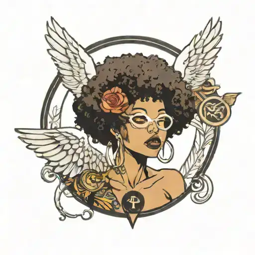 angel with Afro covering her eyes thick lips wearing a fitted tshirt dress holding the Yin symbol over her left shoulder tattoo design idea