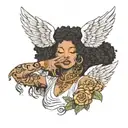 angel with Afro covering her eyes thick lips wearing a fitted tshirt dress holding the Yin symbol over her left shoulder tattoo design idea