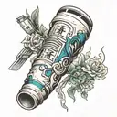 Broken bone with additional elements like wrapped in bandages with little representations of a car, a gas pump, & '소주 tattoo design idea