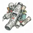 Broken bone with additional elements like wrapped in bandages with little representations of a car, a gas pump, & '소주 tattoo design idea