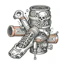 Broken bone with additional elements like wrapped in bandages with little representations of a car, a gas pump, & '소주 tattoo design idea