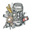 Broken bone with additional elements like wrapped in bandages with little representations of a car, a gas pump, & '소주 tattoo design idea