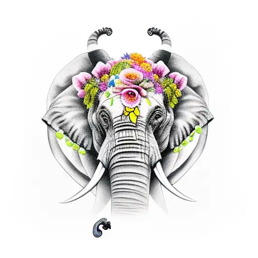 half elephant half mad tiger with flowers and limes going around it tattoo design idea