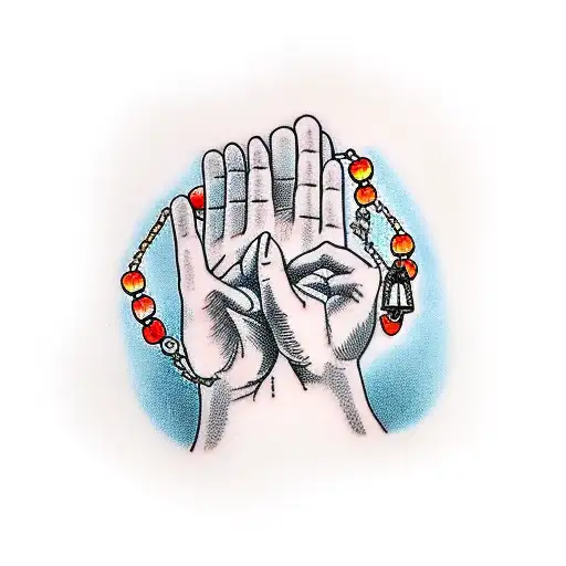 praying hands with rosary hanging down tattoo design idea