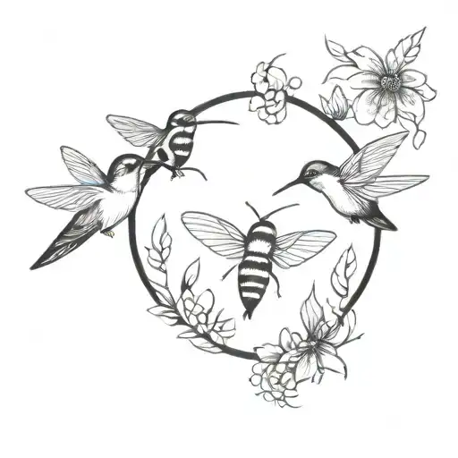 a bee , an ant and a hummingbird in circle tattoo  tattoo design idea