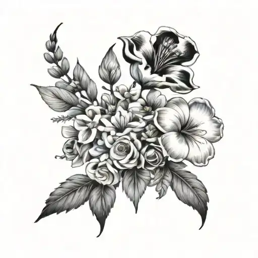 primrose, violet, 2 jonquils, daisy, sweet pea, hawthorn, honeysuckle, rose, morning glory, cosmos flower bunch tattoo design idea