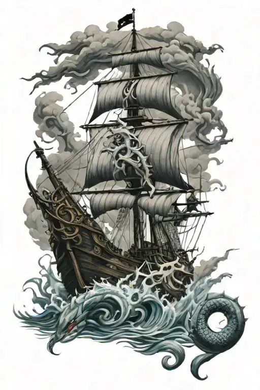 pirate ship with gyarados Pokemon battle scene tattoo design idea