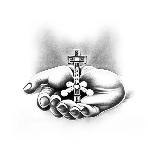 hands that are praying with rosary beads tattoo design idea