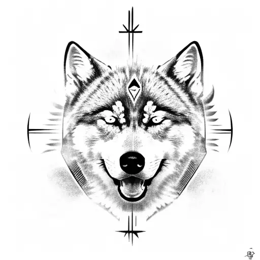 Mayan sun symbol incorporating a Husky face tattoo design idea