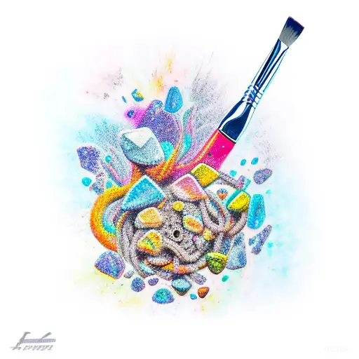 A vibrant new-school tattoo of a paintbrush and a rock intertwined with colorful crystals tattoo design idea