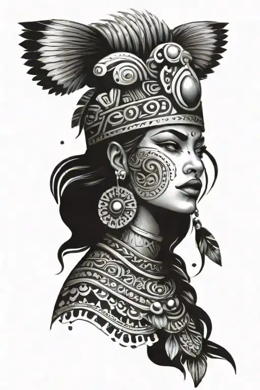 aztec woman warrior with jaguar surrounded tattoo design idea
