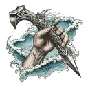 hand holding a trident coming out of the sea tattoo design idea