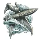 hand holding a trident coming out of the sea tattoo design idea