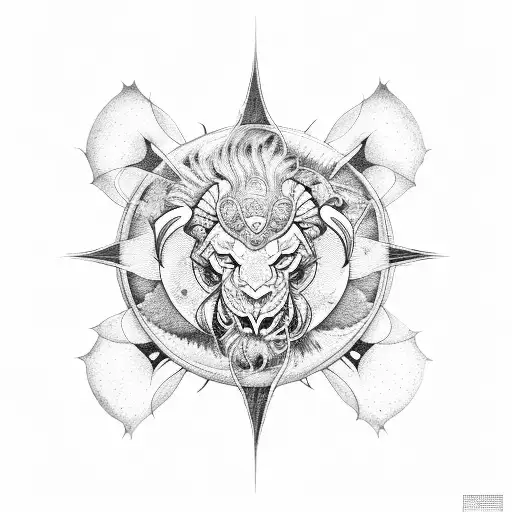 Sun, moon, water, Dragoan, elephant, lion, scorpio tattoo design idea