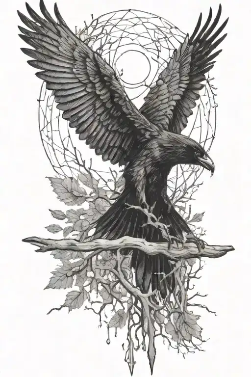 a raven flies with its wings spread, below it are trees, in the trees a beautiful girl holds a cross in her hands and prays tattoo design idea