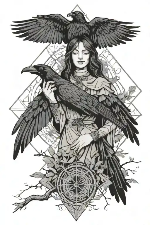 a raven flies with its wings spread in the trees a beautiful girl holds a cross in her hands and prays tattoo design idea