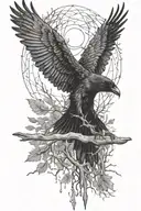 a raven flies with its wings spread, below it are trees, in the trees a beautiful girl holds a cross in her hands and prays tattoo design idea