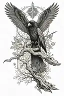 a raven flies with its wings spread, below it are trees, in the trees a beautiful girl holds a cross in her hands and prays tattoo design idea