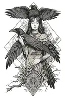a raven flies with its wings spread in the trees a beautiful girl holds a cross in her hands and prays tattoo design idea