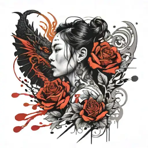 asian girl wrapped by a roses and dragon tattoo design idea
