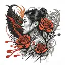 asian girl wrapped by a roses and dragon tattoo design idea