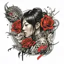 asian girl wrapped by a roses and dragon tattoo design idea