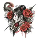 asian girl wrapped by a roses and dragon tattoo design idea