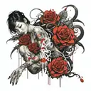 asian girl wrapped by a roses and dragon tattoo design idea