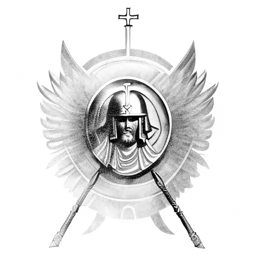 Archangel Michael with greek hoplite helmet carrying a shield and on the shield the german cross tattoo design idea