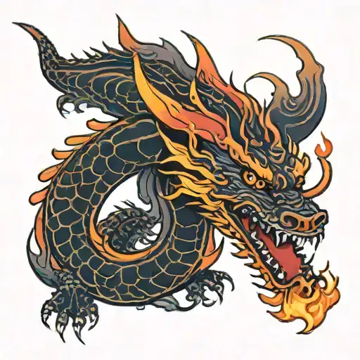 red and orange dragon with flames tattoo design idea