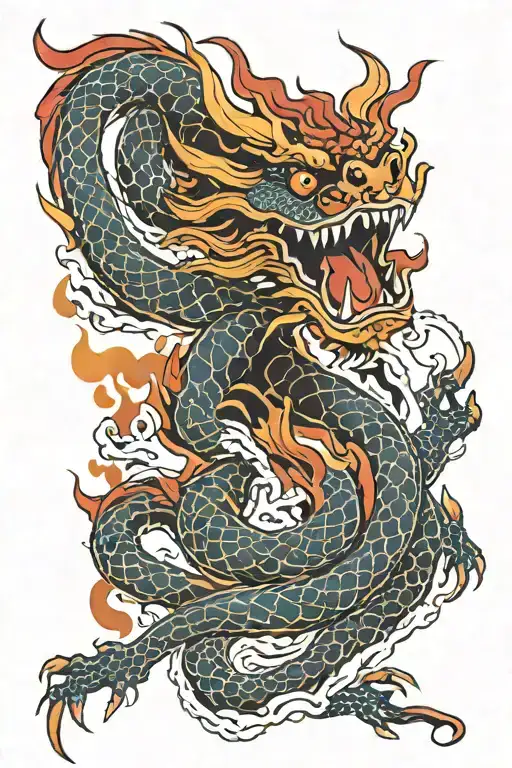 red and orange dragon with flames tattoo design idea