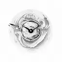 blackhole cutting through a clock face tattoo design idea