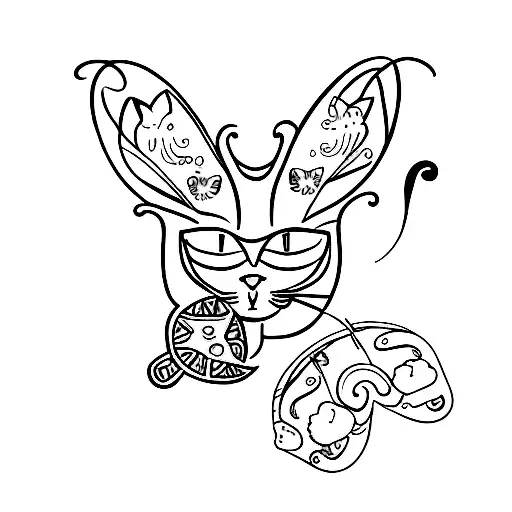 A minimalist tattoo of a cat playing with a butterfly on the beach tattoo design idea