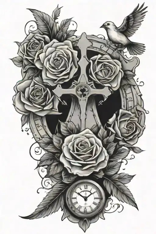 cross with a falling rose, 3 doves and a broken clock tattoo design idea