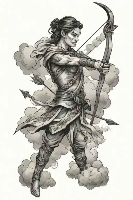 bow and arrow, shooting through clouds  tattoo design idea